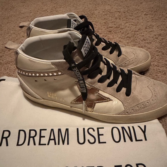 Golden Goose Shoes - Golden Goose Beige and Gold High-Tops with Star Accent